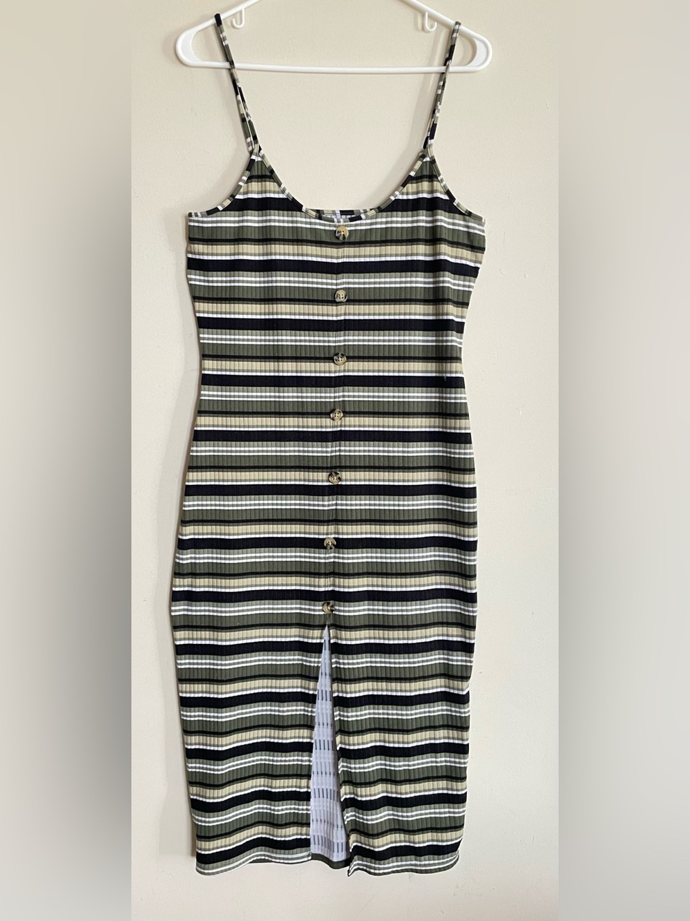 No Boundaries Green Stripe Ribbed Sleeveless Midi Dress